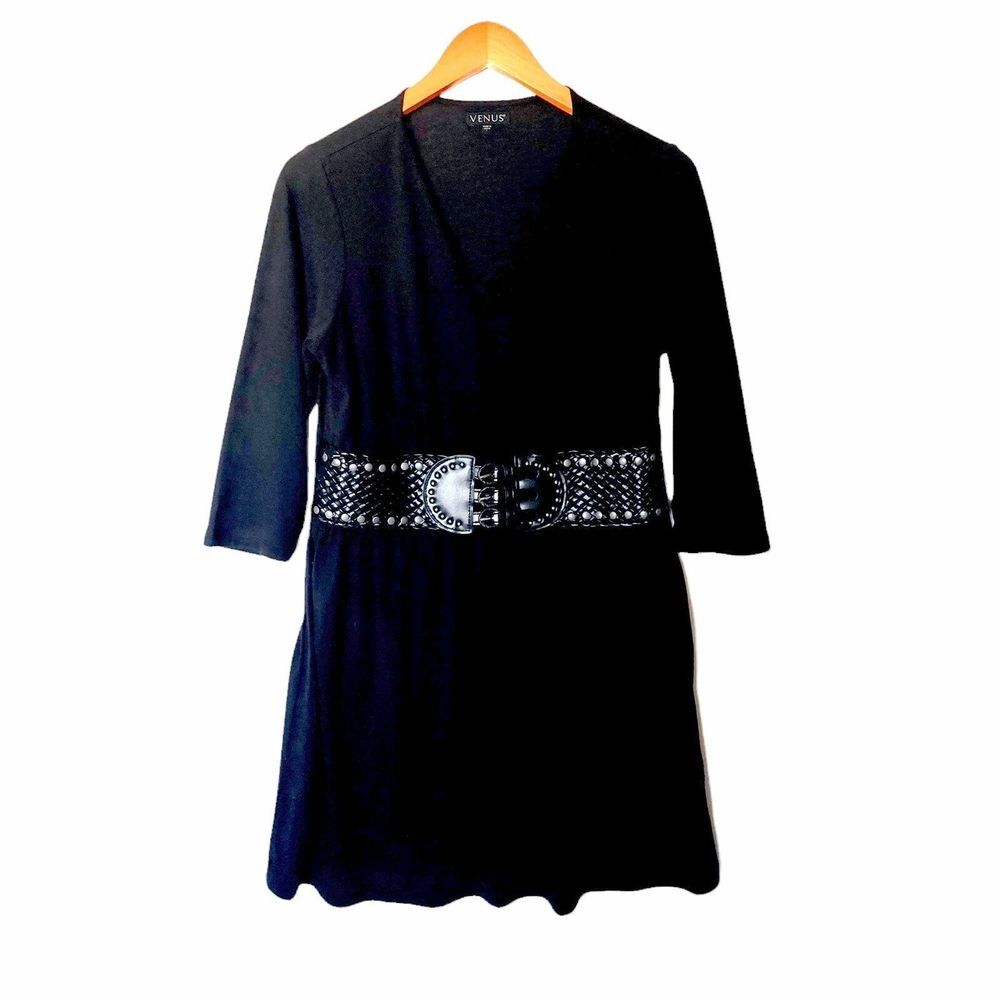 Venus Dress Knit Black Dress with Big black Belt V-Neck Midi L Large